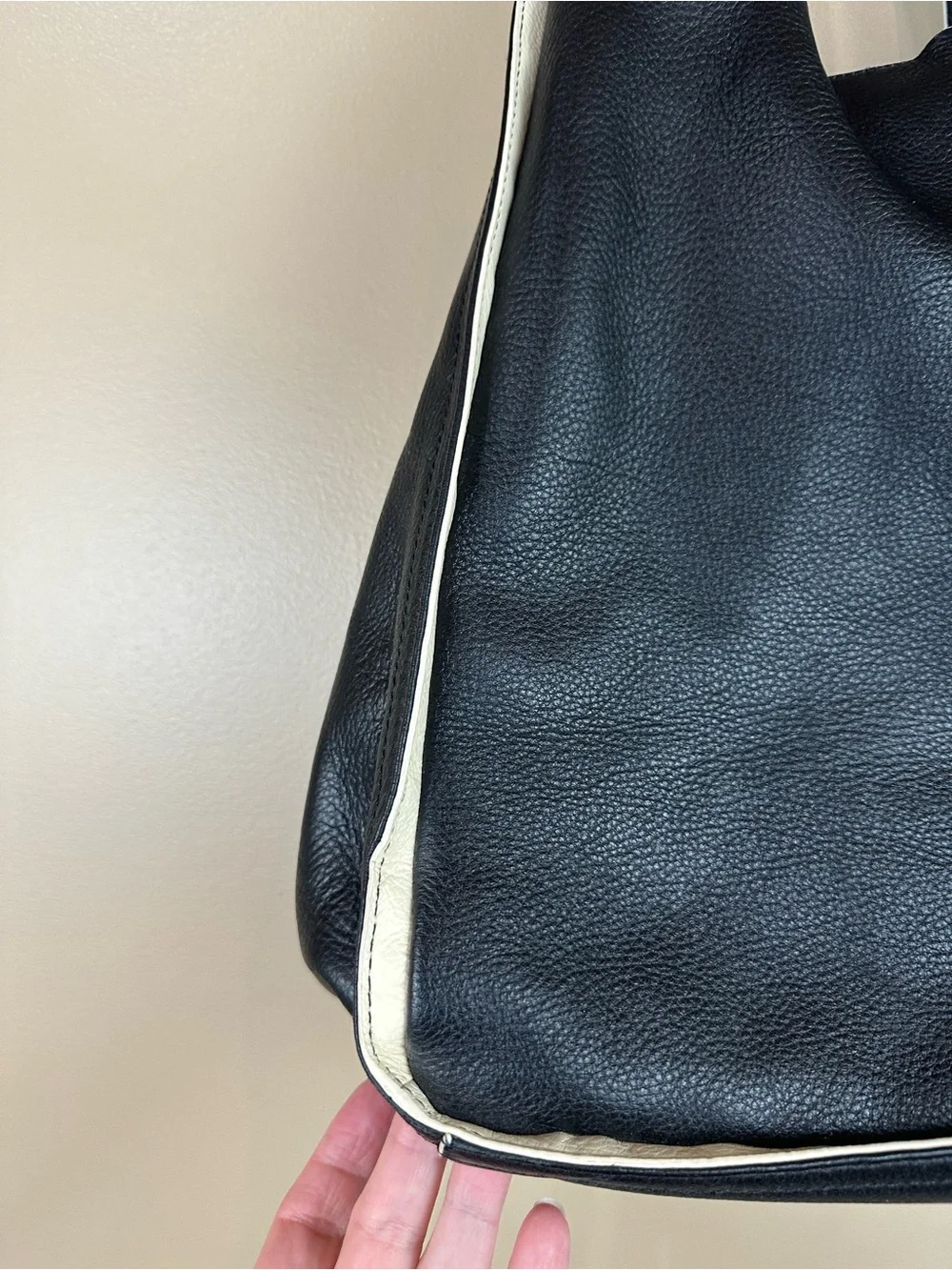 GAP Large Origami Tote Genuine Cow Leather Black Ivory Piped Shoulder Bag